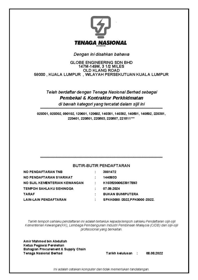 TNB Registered Supplier and Service Contractor